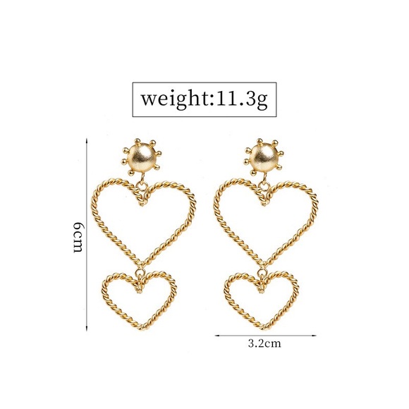 Gold Double Hearts Drop Earrings - Picture 5 of 5